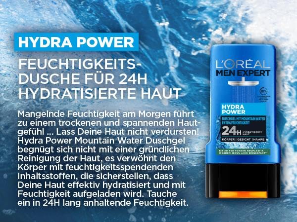 L'Oréal Men Expert Duschgel und Shampoo für Männer, Duschbad zur Reinigung von Körper, Haar und Gesicht, Herren Körperpflege für hydratisierte Haut mit Mountain Water, Hydra Power, 1 x 250 ml