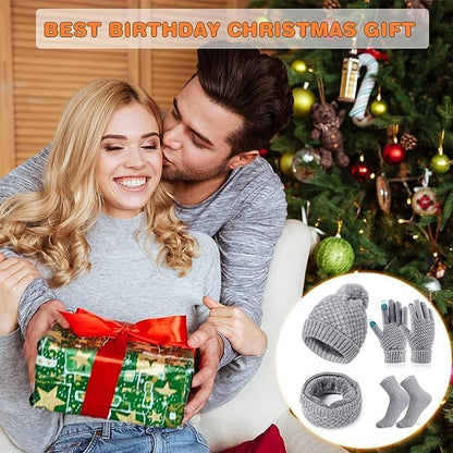 Scarf Hat Gloves Set Women's Winter Knitted Hat Scarf Set with Touchscreen Gloves Cotton Socks, Soft and Warm Beanie Ski Hat Scarf Gift Set for Women Outdoor Sports 4 in 1 Set