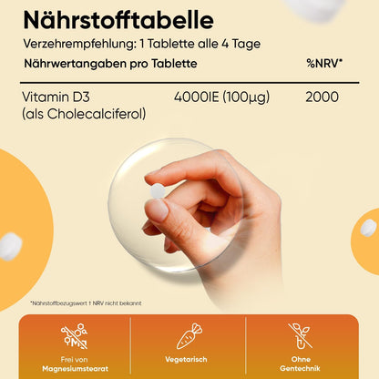 Vitamin D3 4000 IE - 400 Tabletten (1 Tablette alle 4 Tage) - Sonnenvitamin - Frei von Magnesiumstearat, Ohne Gentechnik, Vegatarisch - Cholecalciferol Vitamin D von WeightWorld