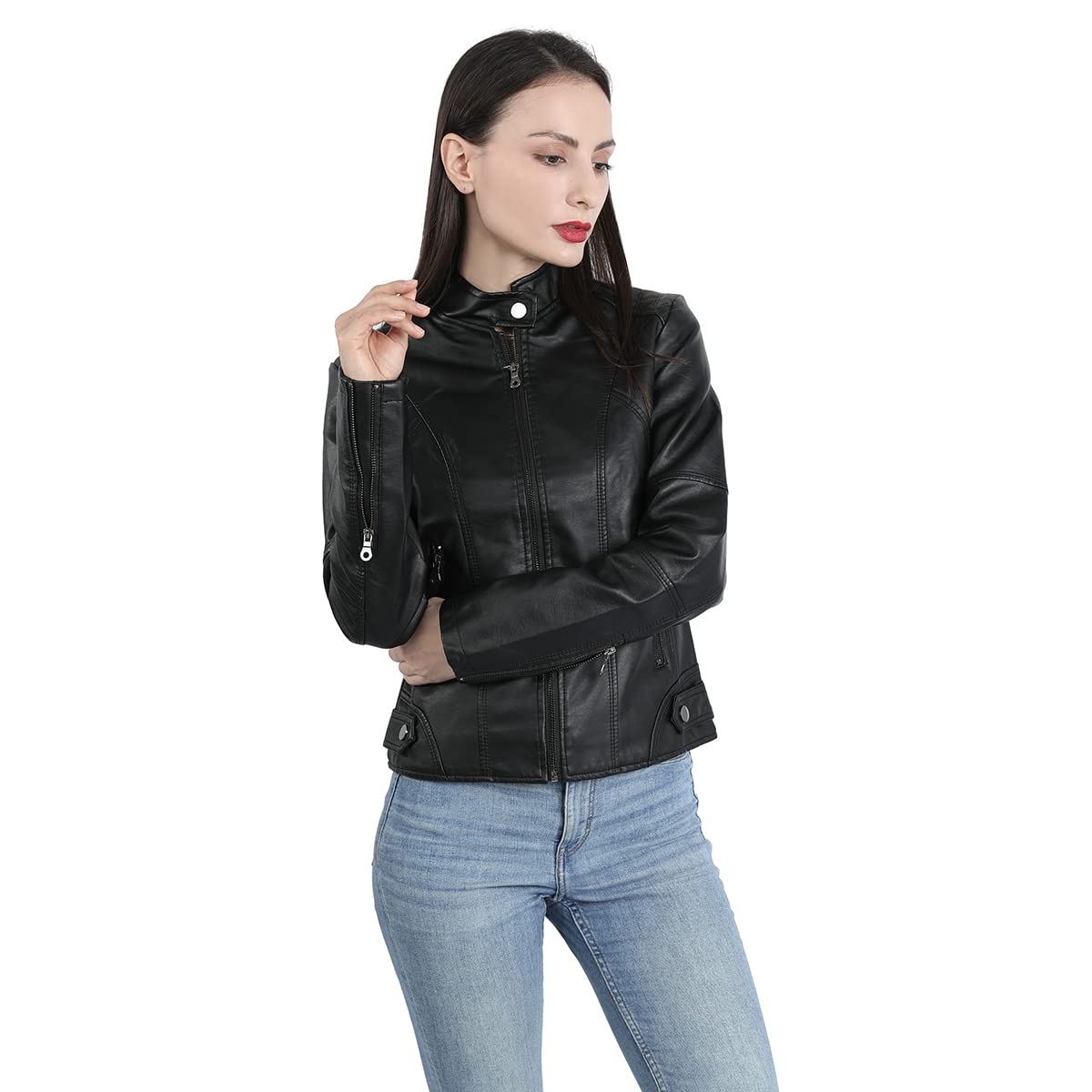 Yynuda Leather Jacket, Women's Short Jacket, Transition Jacket Made of Faux Leather, with Zip, For Autumn