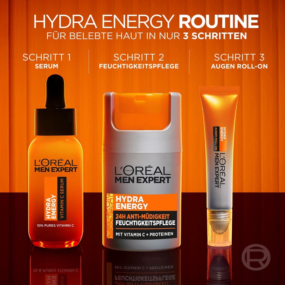 L'Oréal Men Expert Pflegeset gegen müde Haut für Männer, Geschenkset mit Waschgel und Gesichtscreme 24H Anti-Müdigkeit, Geschenke für Herren mit Vitamin C, Hydra Energy, 1 x 100 ml, 1 x 50 ml