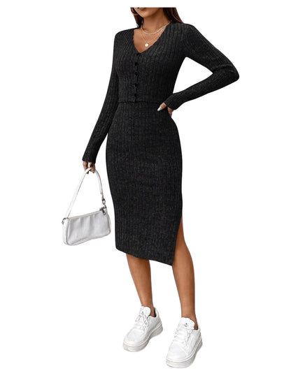 GORGLITTER Rib Knit Dress Women's Dress with Jacket Set Elegant Two Piece Cami Dress with Slit 2-Piece Dress