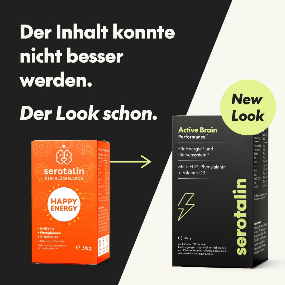serotalin Active Brain Performance ¹ + Griffonia + Vitamin D3 High Dose +B12 +B6 +L-Phenylalanine + Zinc + Chrome + Caffeine | 100% Vegan & Made in Germany | 2 Months | 60 Capsules
