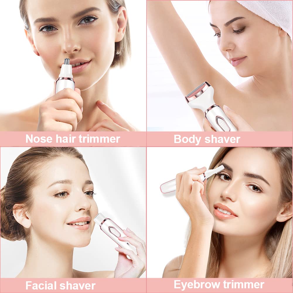 ACWOO Electric Shaver for Women, 4-in-1 Electric Women's Razor, Painless Intimate Shaver for Women, Hair Trimmer for Face, Nose, Armpits, Intimate Area, Bikini Area, USB Charging