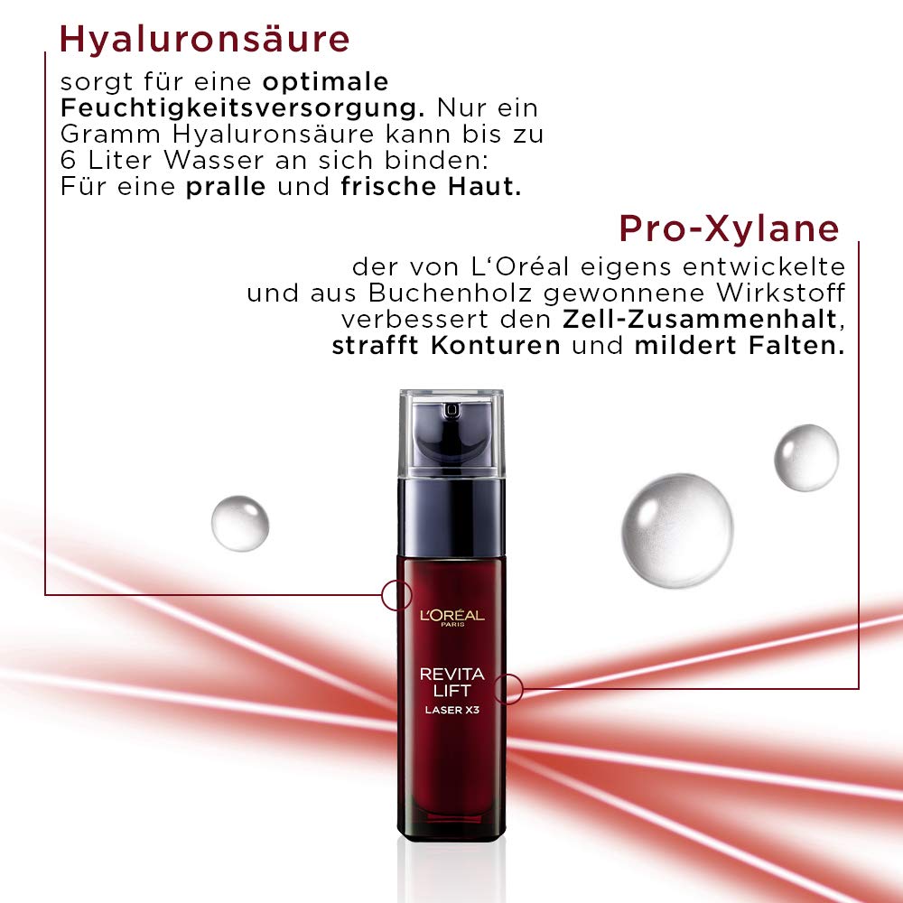 L'Oréal Paris Revitalift Laser X3, Anti-ageing Face Care with Triple Effect, with Hyaluronic Acid, 30 ml