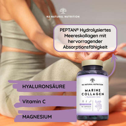Marine collagen hydrolysate capsules high-dose hyaluronic acid, vitamin C. Joint bone and skin care, anti-ageing. Premium Peptan collagen 90 Vegetable capsules CE. N2 Natural Nutrition