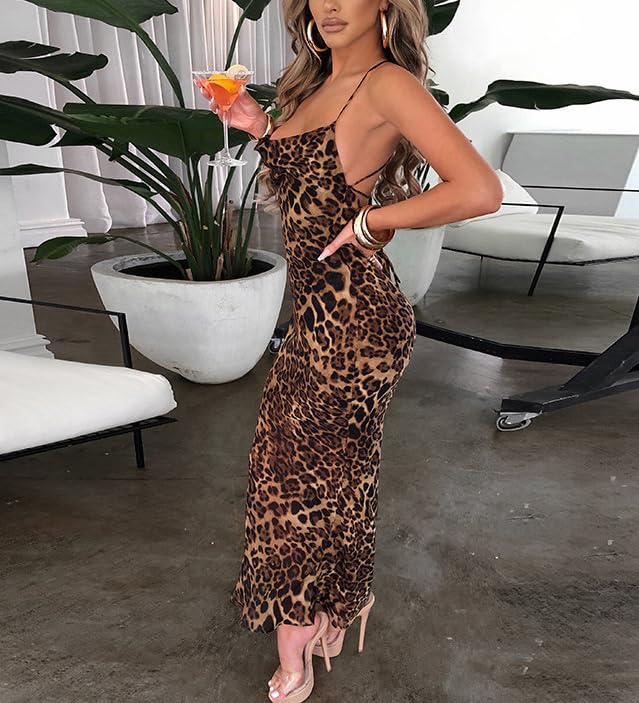 BSLVWG Damen Rückenlose Maxi Kleid Sexy Ärmellose Leopard Cocktail Kleider Bodycon Spaghetti Strap Clubbing Party Langes Kleid