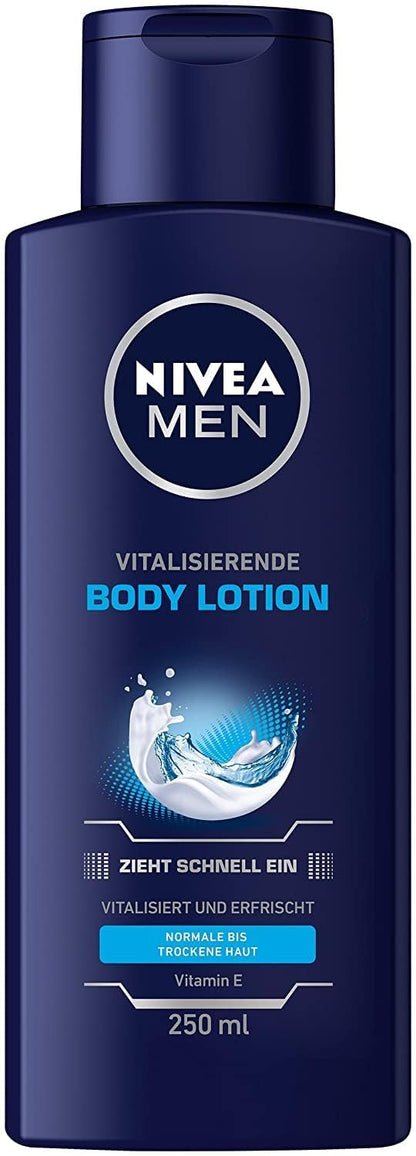 NIVEA MEN Body Lotion Revitalising, Non-Greasy Body Cream with Vitamin E, Fast Absorbing and Refreshing Body Milk for Normal Skin (250 ml)