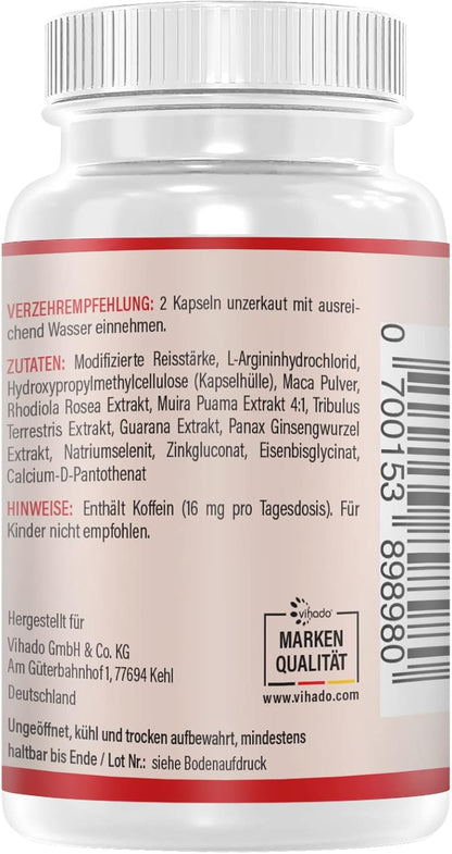 Vihado 4MEN direct 2.0 Men's Capsules Extra Strong Instant Formula High Dose with L-Arginine, Maca, Tribulus Terrestris, Ginseng, 60 Capsules