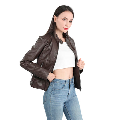 Yynuda Leather Jacket, Women's Short Jacket, Transition Jacket Made of Faux Leather, with Zip, For Autumn
