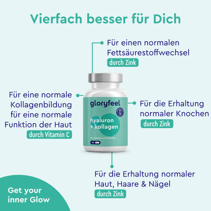 Hyaluronsäure Kollagen Komplex - 180 Kapseln - Mit Biotin, Vitamin C (aus Acerola), Zink, Selen & Bambusextrakt - Für Haut, Haare, Nägel - Hoch bioverfügbar - Laborgeprüft