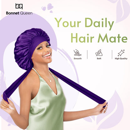 BONNET QUEEN Satin Silk Sleep Cap, Adjustable Women’s/Men’s Bonnet, Night Hair Care Protection Head Cap for Curly, Long Hair, Smooth, Breathable (M, Black)