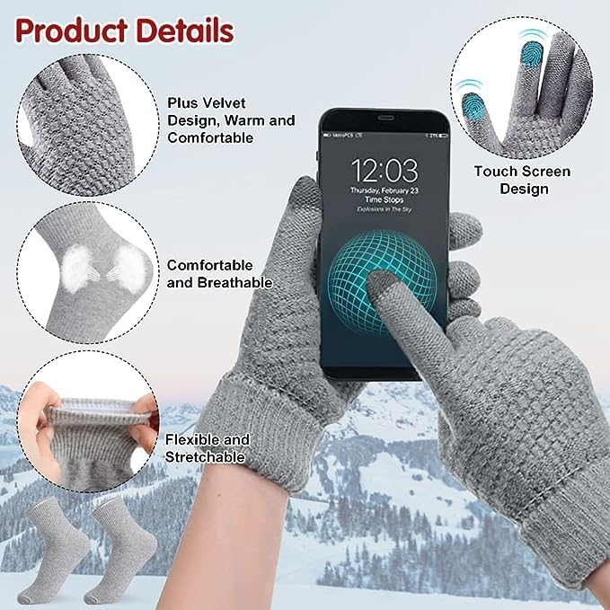 Scarf Hat Gloves Set Women's Winter Knitted Hat Scarf Set with Touchscreen Gloves Cotton Socks, Soft and Warm Beanie Ski Hat Scarf Gift Set for Women Outdoor Sports 4 in 1 Set