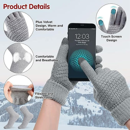 Scarf Hat Gloves Set Women's Winter Knitted Hat Scarf Set with Touchscreen Gloves Cotton Socks, Soft and Warm Beanie Ski Hat Scarf Gift Set for Women Outdoor Sports 4 in 1 Set
