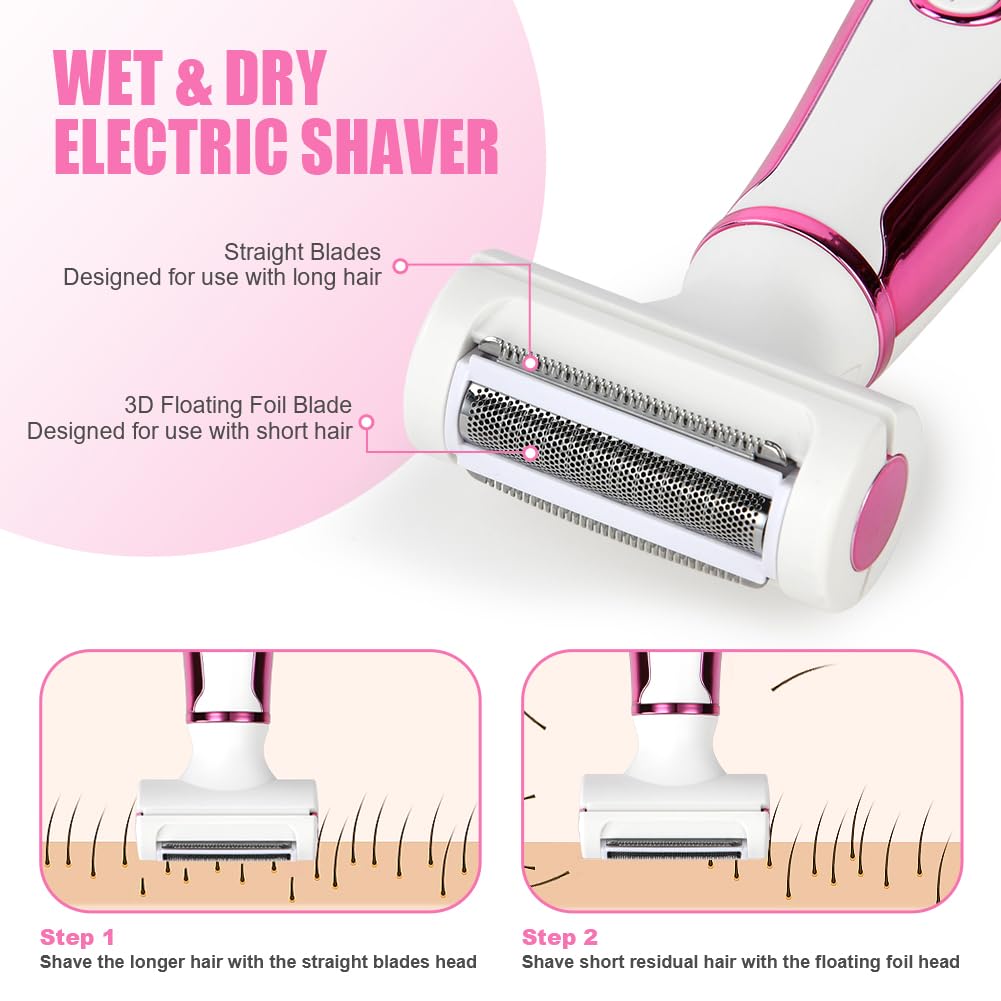 ACWOO Electric Shaver for Women, 4-in-1 Electric Women's Razor, Painless Intimate Shaver for Women, Hair Trimmer for Face, Nose, Armpits, Intimate Area, Bikini Area, USB Charging