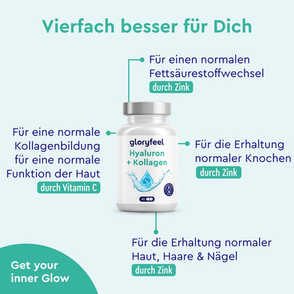 Hyaluronsäure Kollagen Komplex - 180 Kapseln - Mit Biotin, Vitamin C (aus Acerola), Zink, Selen & Bambusextrakt - Für Haut, Haare, Nägel - Hoch bioverfügbar - Laborgeprüft