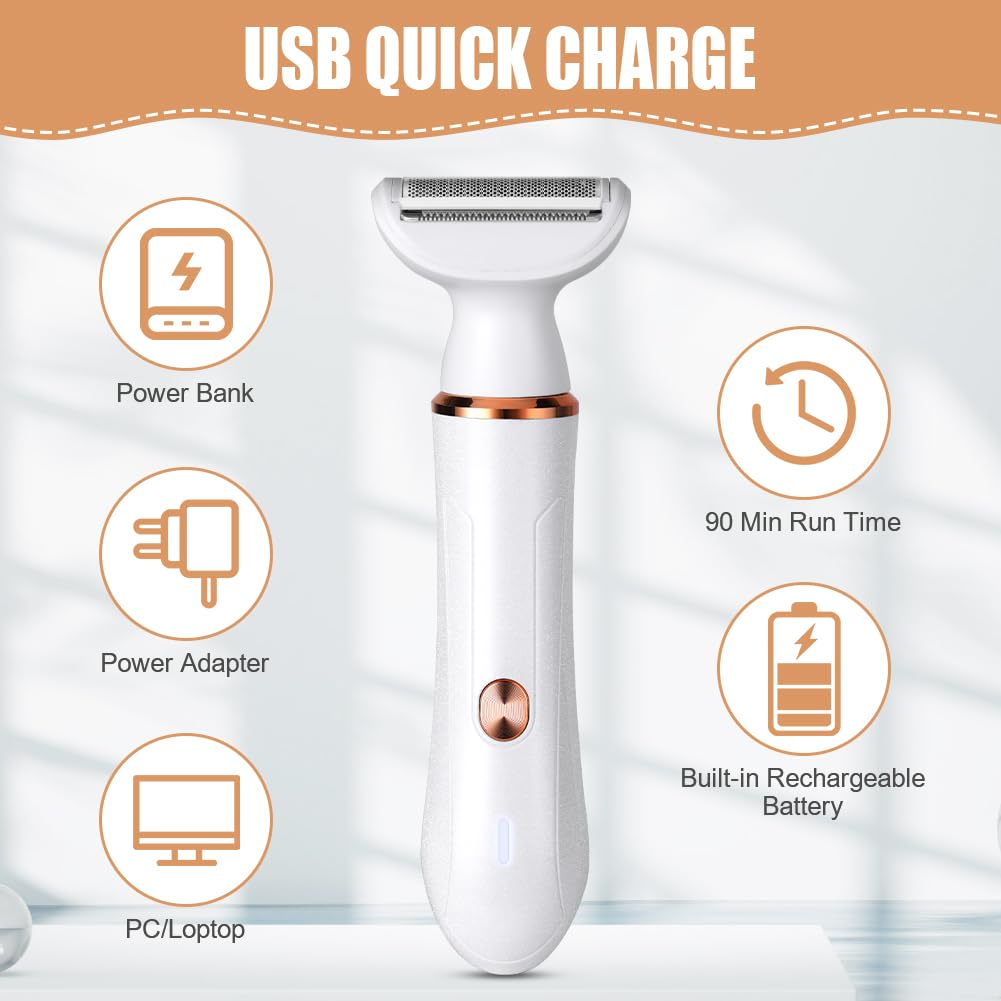 ACWOO Electric Shaver for Women, 4-in-1 Electric Women's Razor, Painless Intimate Shaver for Women, Hair Trimmer for Face, Nose, Armpits, Intimate Area, Bikini Area, USB Charging
