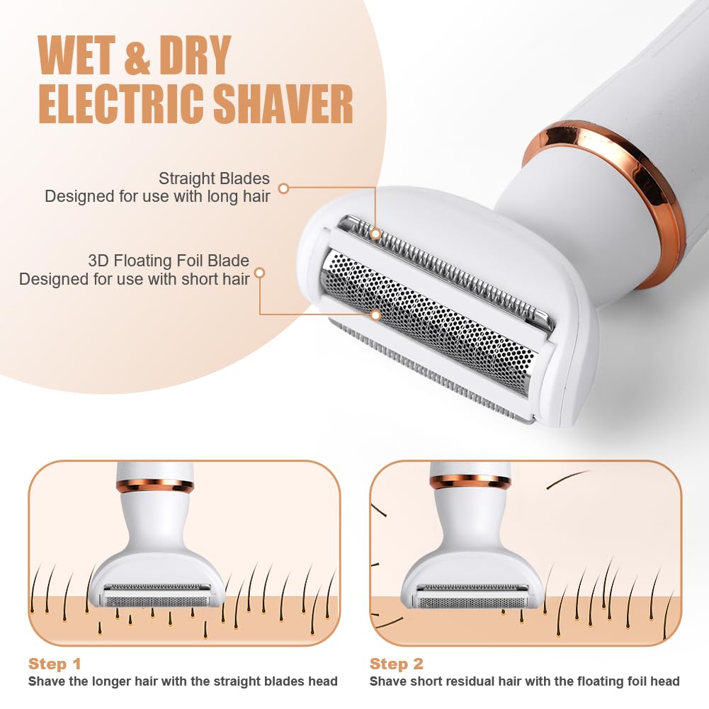 ACWOO Electric Shaver for Women, 4-in-1 Electric Women's Razor, Painless Intimate Shaver for Women, Hair Trimmer for Face, Nose, Armpits, Intimate Area, Bikini Area, USB Charging