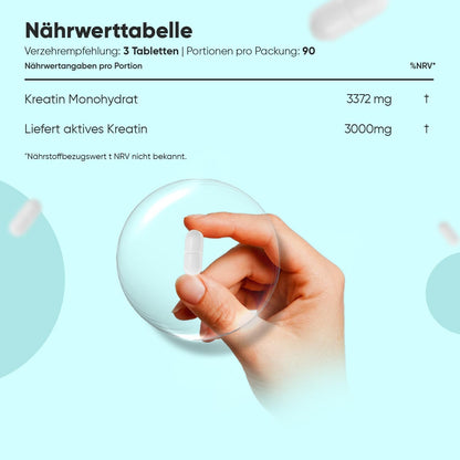 Creatin Monohydrat Tabletten - 3000mg pro Portion - 270 Kreatin Vegan Tablets - 3 Monate Vorrat - Creatine - Alternative zu Kapseln & Pulver - Frei von Gluten & Magnesiumstearat - WeightWorld