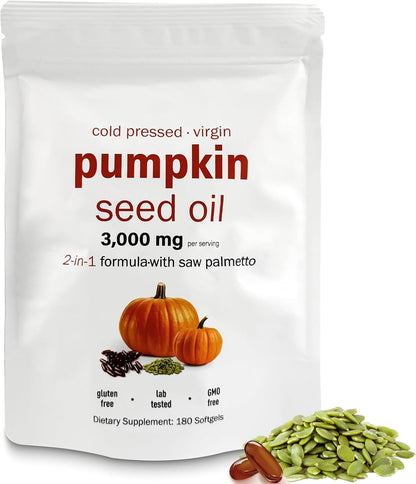 Pumpkin Seed Oil and Saw Palmetto Complex, 3000mg, Non-GMO, for Prostate, Urinary and Hair Support H2