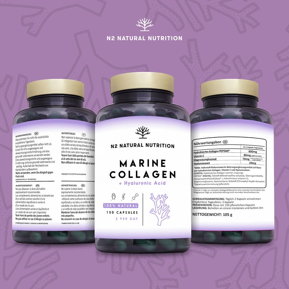 Marine collagen hydrolysate capsules high-dose hyaluronic acid, vitamin C. Joint bone and skin care, anti-ageing. Premium Peptan collagen 90 Vegetable capsules CE. N2 Natural Nutrition