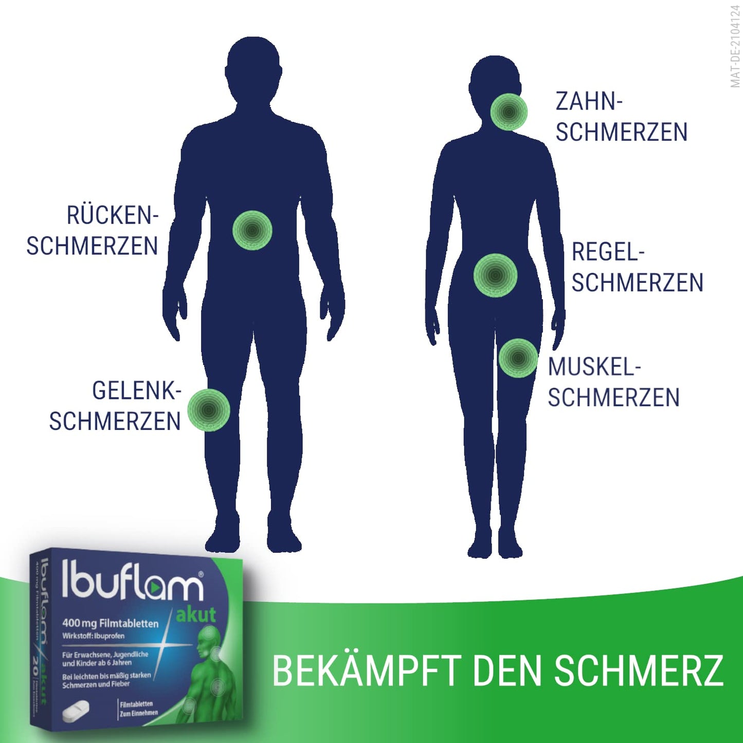 Ibuflam® Akut 400 mg IBUPROFEN Film-Coated Tablets, Double Pack 2 x 50 Pieces, Ibu 400 Pain Tablets for Pain, Toothache, Fever and Cold, Quick Pain Relief with Ibuprofen