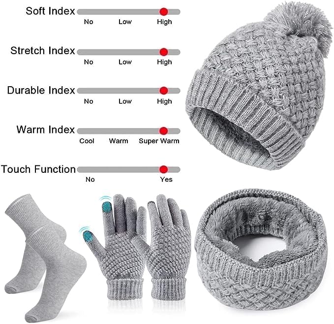 Scarf Hat Gloves Set Women's Winter Knitted Hat Scarf Set with Touchscreen Gloves Cotton Socks, Soft and Warm Beanie Ski Hat Scarf Gift Set for Women Outdoor Sports 4 in 1 Set