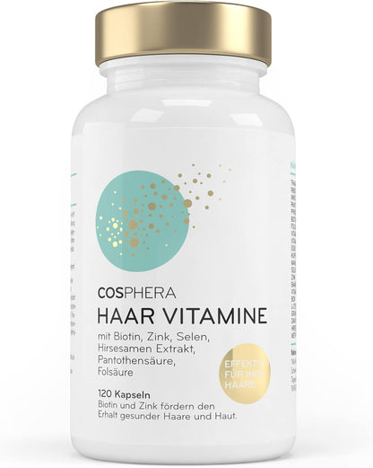Cosphera Haar-Vitamine - Hochdosiert mit Biotin, Selen und Zink als Beitrag zum Erhalt normaler Haare. Plus Folsäure & Hirse Samen Extrakt (reich an Silizium) - 120 vegane Kapseln im 2 Monatsvorrat.