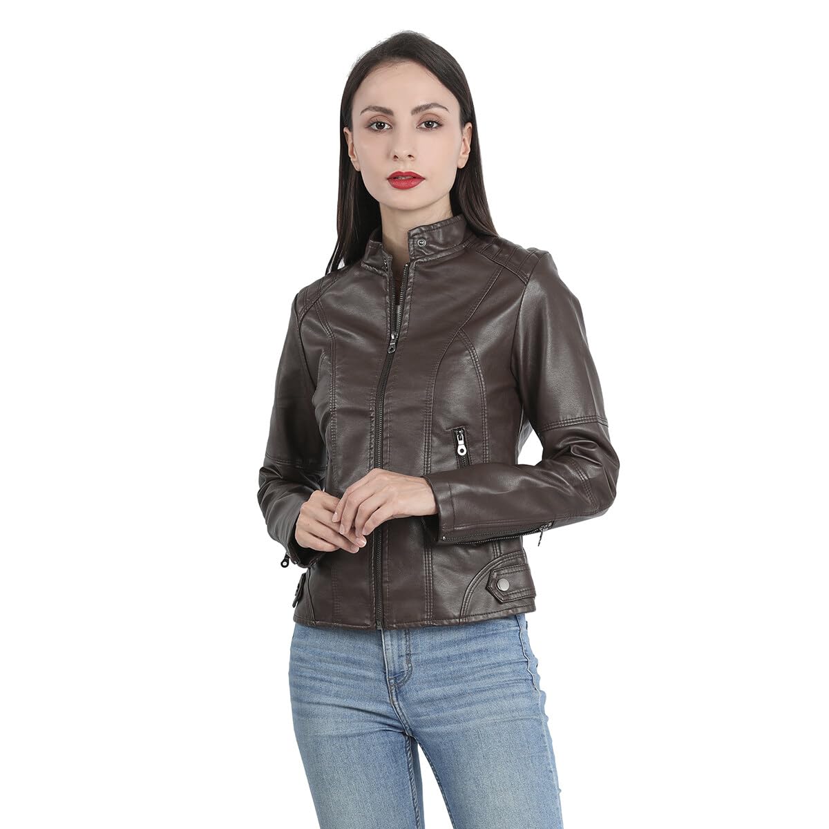 Yynuda Leather Jacket, Women's Short Jacket, Transition Jacket Made of Faux Leather, with Zip, For Autumn