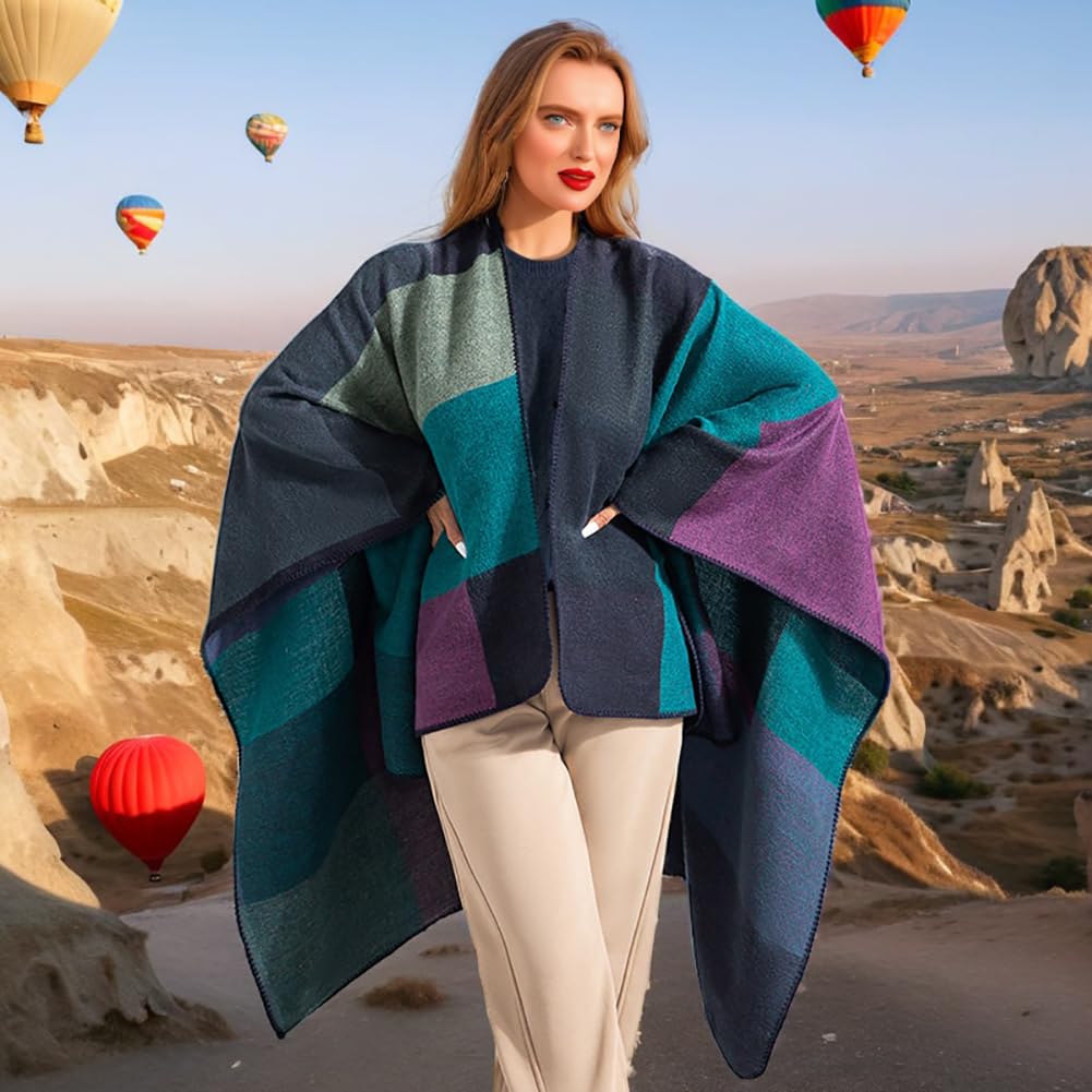 Shmily Girl Poncho Damen Strick Poncho Winter Warm Elegant Poncho Decke Poncho Cape Mantel Übergroße Poncho Schal Frauen