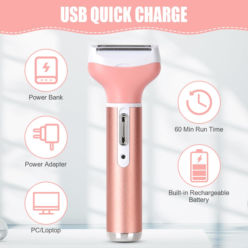 ACWOO Electric Shaver for Women, 4-in-1 Electric Women's Razor, Painless Intimate Shaver for Women, Hair Trimmer for Face, Nose, Armpits, Intimate Area, Bikini Area, USB Charging
