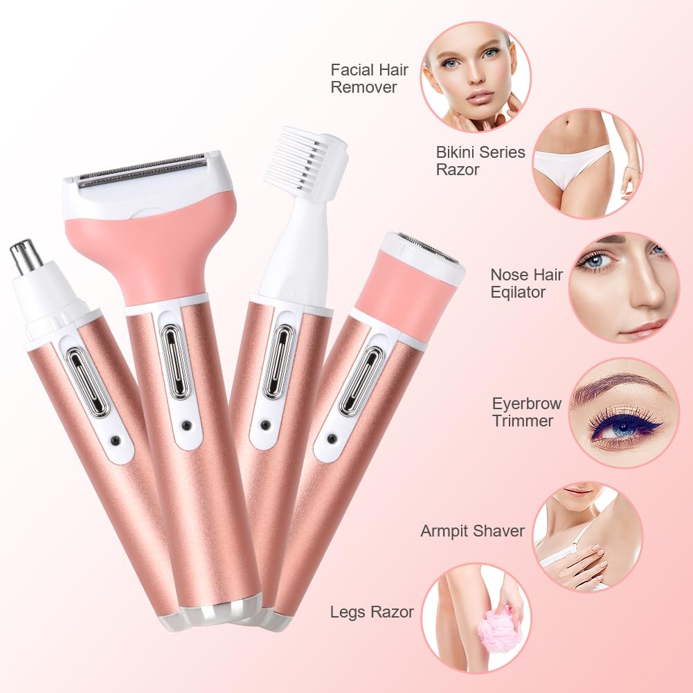 ACWOO Electric Shaver for Women, 4-in-1 Electric Women's Razor, Painless Intimate Shaver for Women, Hair Trimmer for Face, Nose, Armpits, Intimate Area, Bikini Area, USB Charging