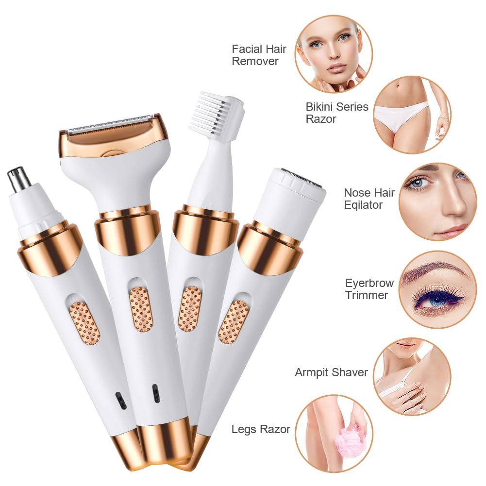ACWOO Electric Shaver for Women, 4-in-1 Electric Women's Razor, Painless Intimate Shaver for Women, Hair Trimmer for Face, Nose, Armpits, Intimate Area, Bikini Area, USB Charging