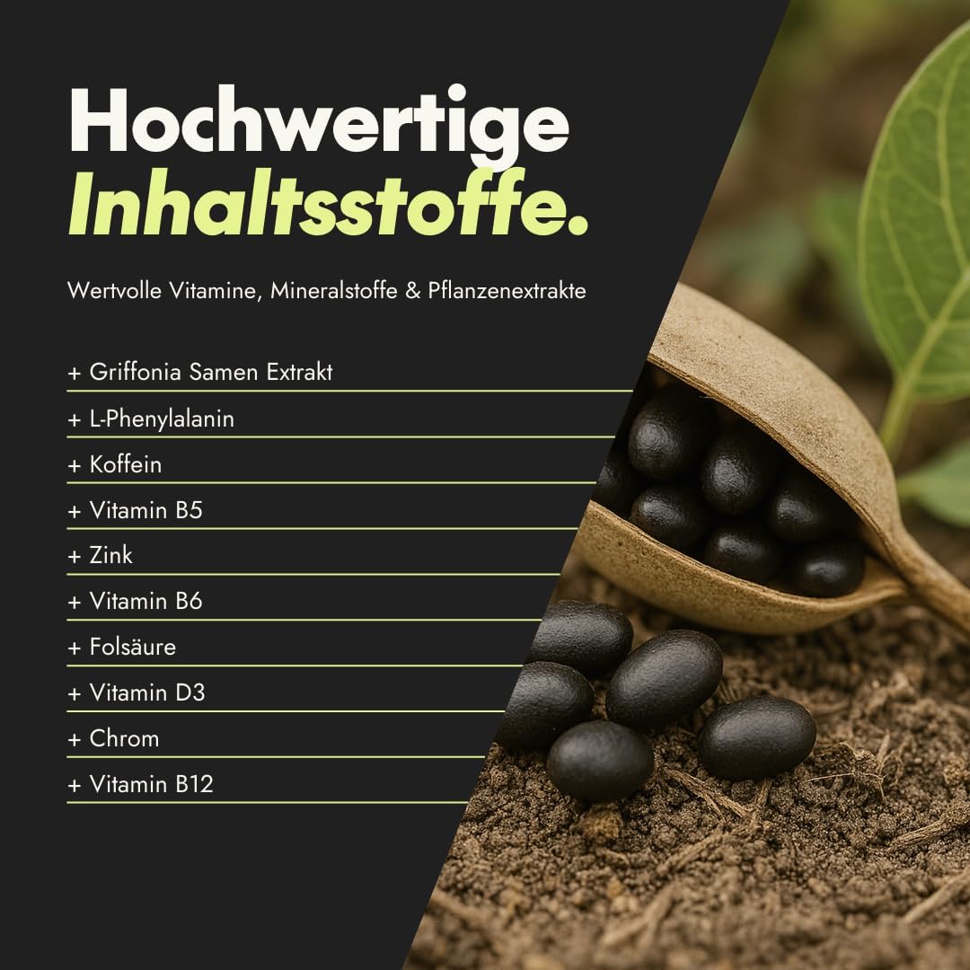 serotalin Active Brain Performance ¹ + Griffonia + Vitamin D3 High Dose +B12 +B6 +L-Phenylalanine + Zinc + Chrome + Caffeine | 100% Vegan & Made in Germany | 2 Months | 60 Capsules