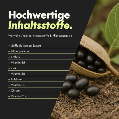 serotalin Active Brain Performance ¹ + Griffonia + Vitamin D3 High Dose +B12 +B6 +L-Phenylalanine + Zinc + Chrome + Caffeine | 100% Vegan & Made in Germany | 2 Months | 60 Capsules
