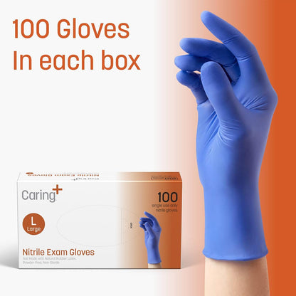 Caring Nitrile Exam Gloves, Blue, Powder-Free, Disposable Gloves for Medical Care, First Aid, Cleaning, Food Prep