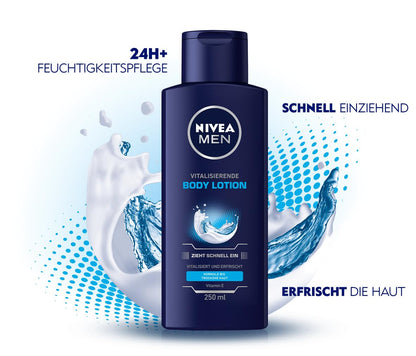 NIVEA MEN Body Lotion Revitalising, Non-Greasy Body Cream with Vitamin E, Fast Absorbing and Refreshing Body Milk for Normal Skin (250 ml)