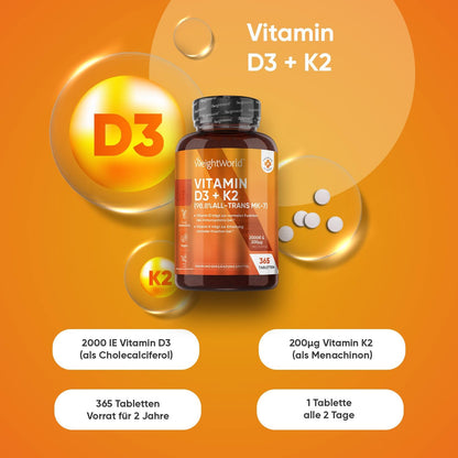 Vitamin D3 K2 2000 IU - 400 tablets with 75mcg Vit K2 All-Trans MK-7 - 1 tablet every 2 days - natural ingredients and vitamin D3 2000 IU from a vegan source (lichen). WeightWork ld