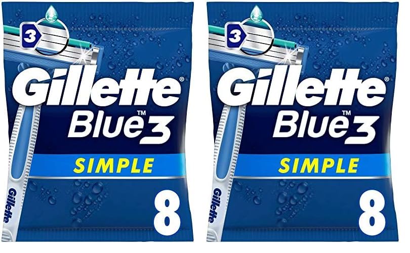 Gillette Blue3 Simple Men's Disposable Razor, 8 Razors with Triple Blade, Wet Razor with Fixed Blade Head, Moisture Strips