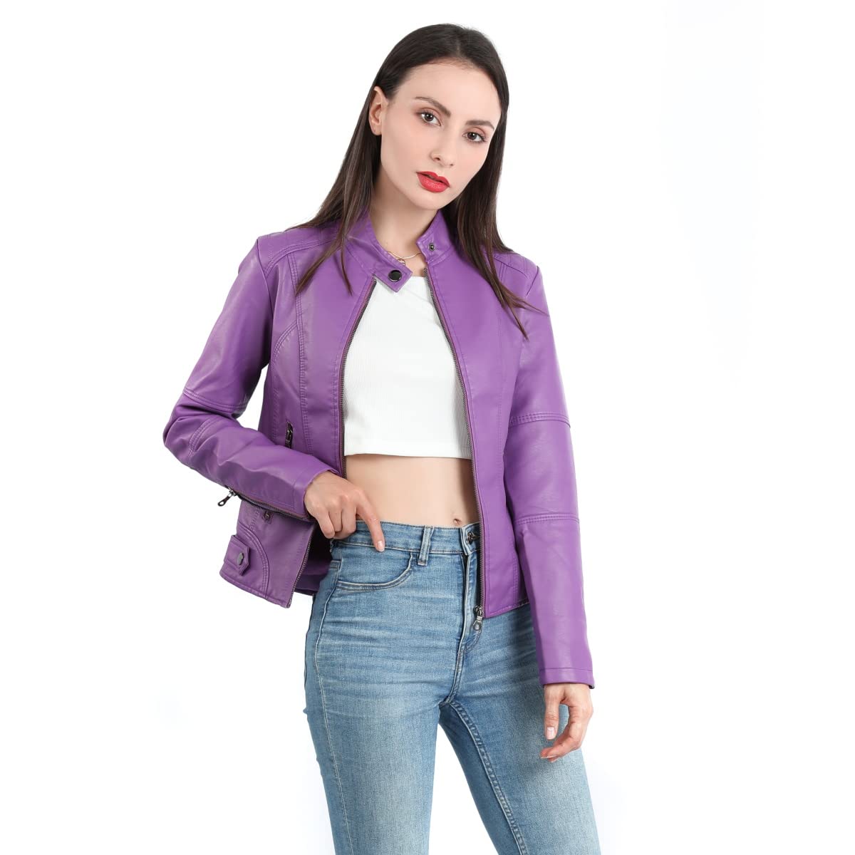 Yynuda Leather Jacket, Women's Short Jacket, Transition Jacket Made of Faux Leather, with Zip, For Autumn