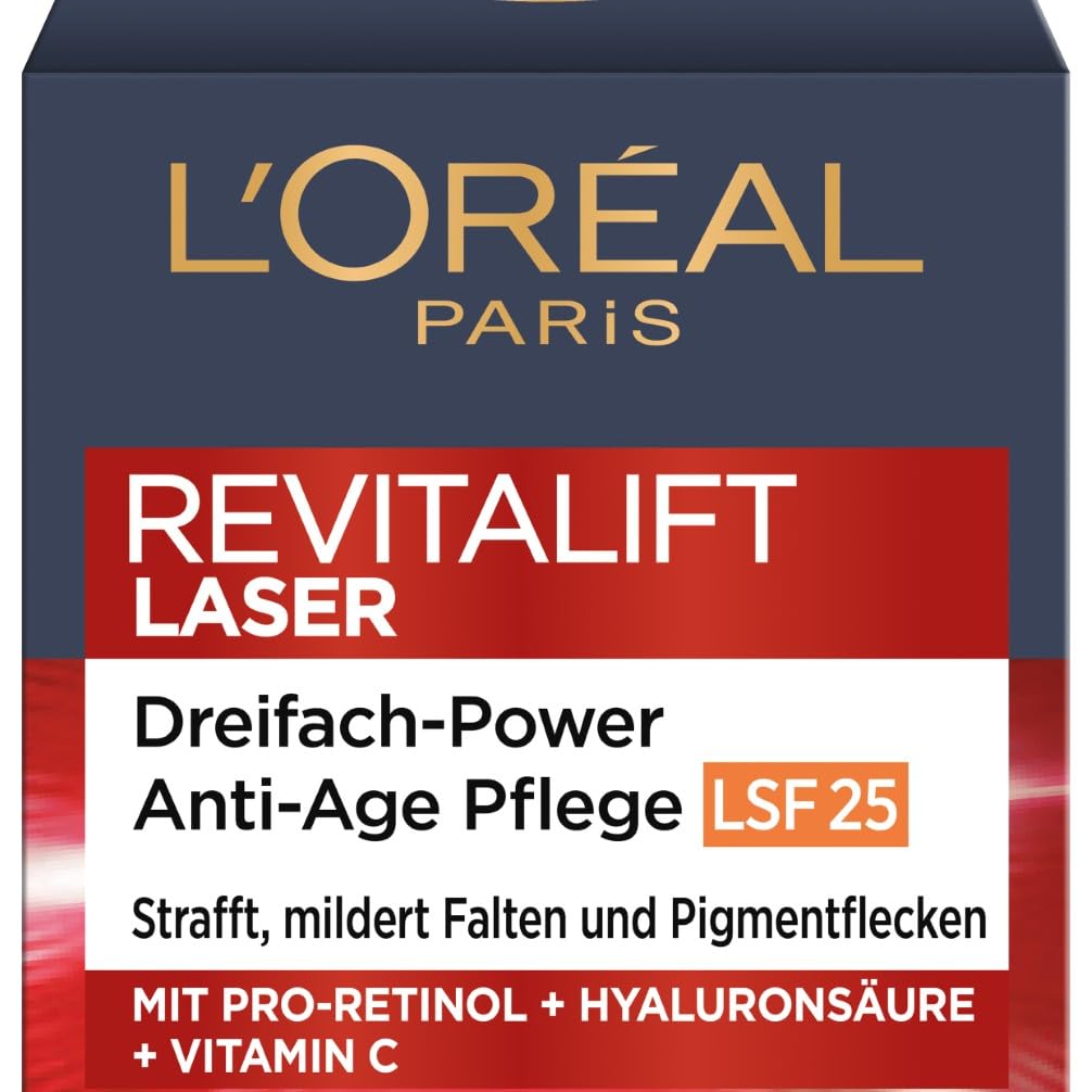 L'Oréal Paris Anti-Ageing Day Cream with Triple Power for Women, with Pro-Retinol, Hyaluronic Acid and Vitamin C - Against Wrinkles, Firming Moisturiser, Revitalift Laser 1 x 50 ml