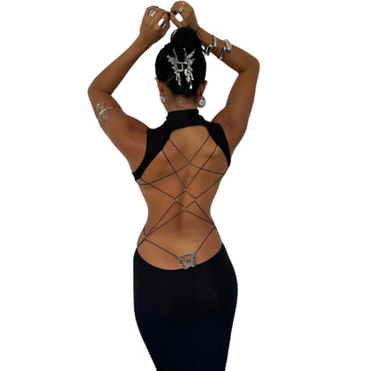 Women's Sexy Mock Neck Criss Cross Wrap Maxi Dress Silver Metal Butterfly Bodycon Long Dress Backless Party Dress