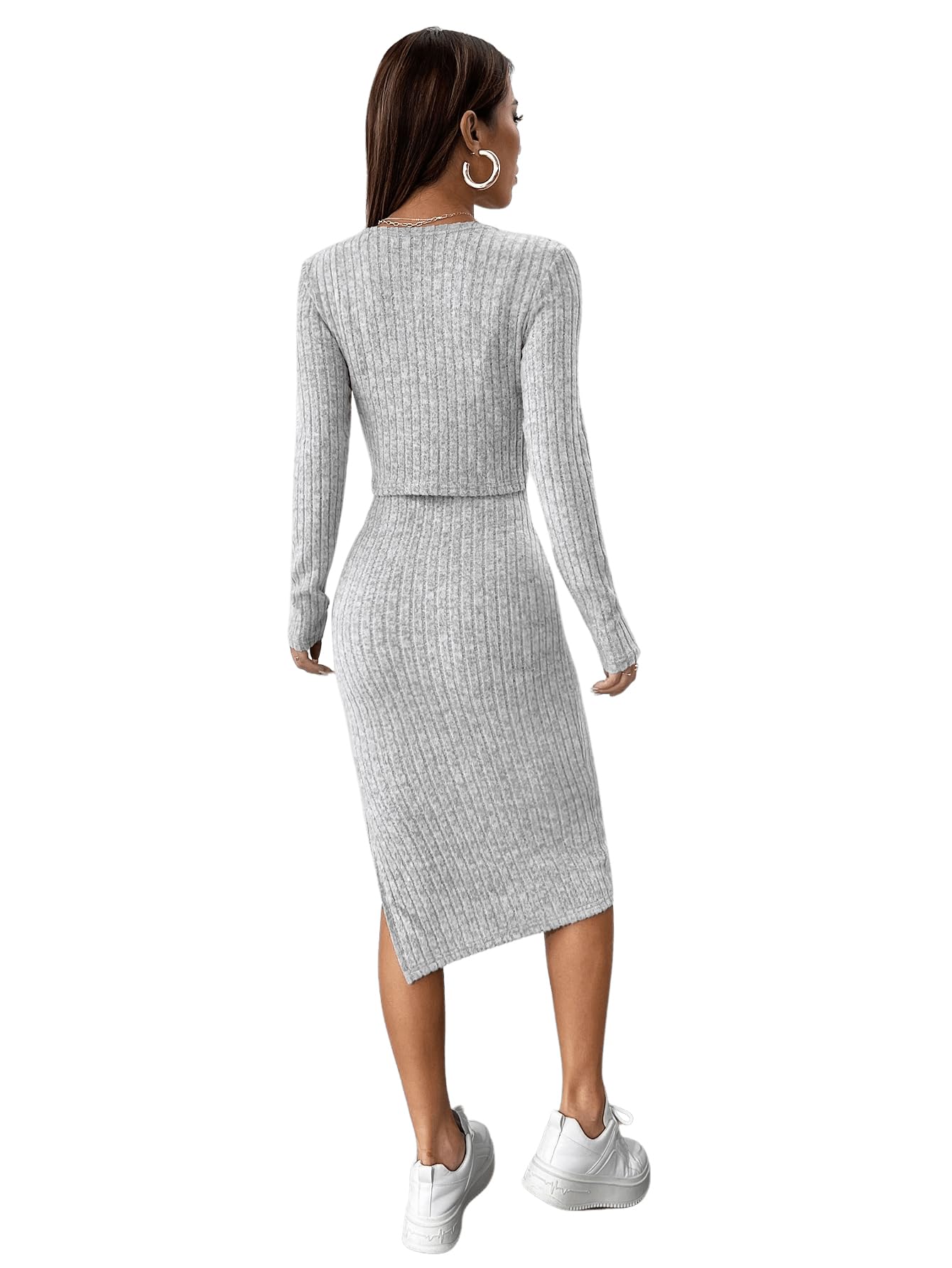 GORGLITTER Rib Knit Dress Women's Dress with Jacket Set Elegant Two Piece Cami Dress with Slit 2-Piece Dress