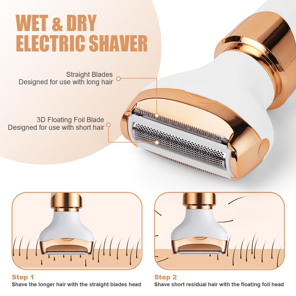 ACWOO Electric Shaver for Women, 4-in-1 Electric Women's Razor, Painless Intimate Shaver for Women, Hair Trimmer for Face, Nose, Armpits, Intimate Area, Bikini Area, USB Charging