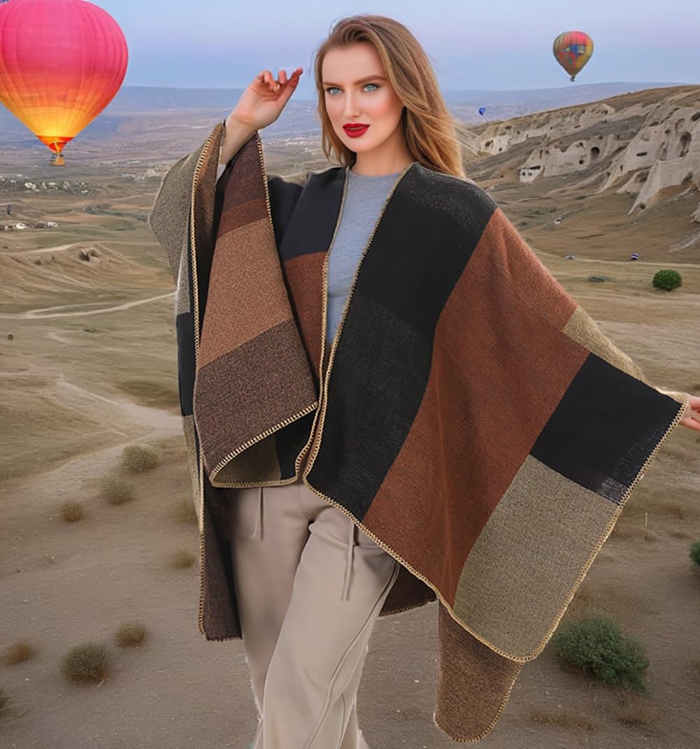 Shmily Girl Poncho Damen Strick Poncho Winter Warm Elegant Poncho Decke Poncho Cape Mantel Übergroße Poncho Schal Frauen