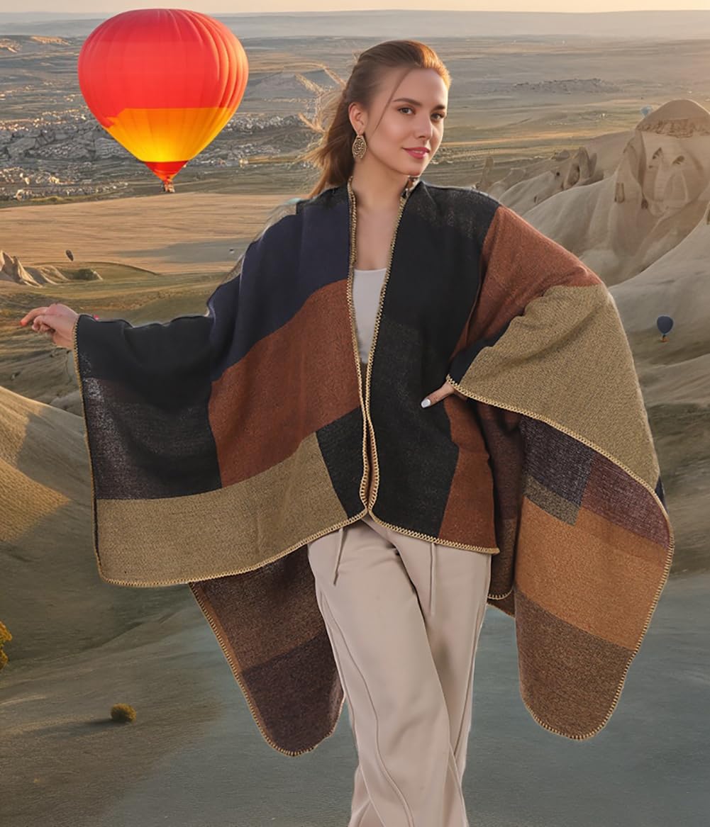 Shmily Girl Poncho Damen Strick Poncho Winter Warm Elegant Poncho Decke Poncho Cape Mantel Übergroße Poncho Schal Frauen