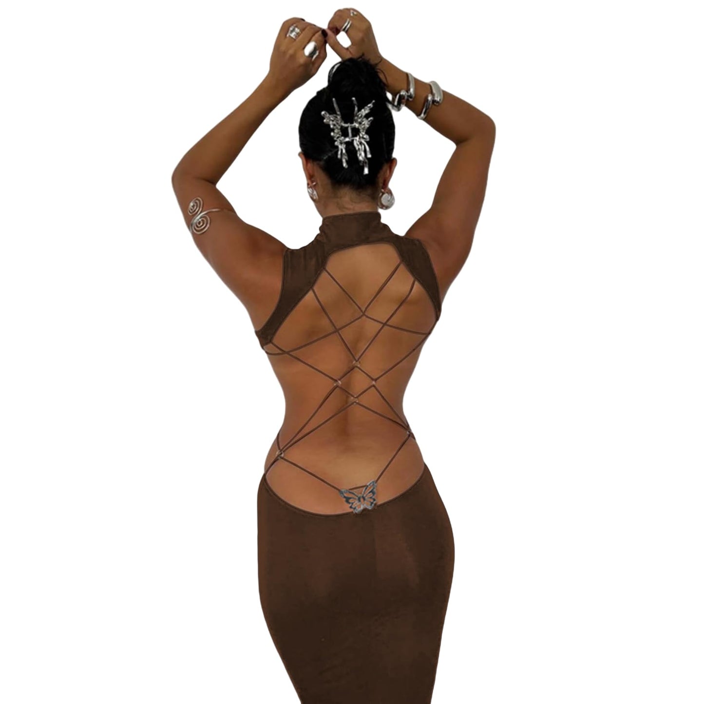 Women's Sexy Mock Neck Criss Cross Wrap Maxi Dress Silver Metal Butterfly Bodycon Long Dress Backless Party Dress