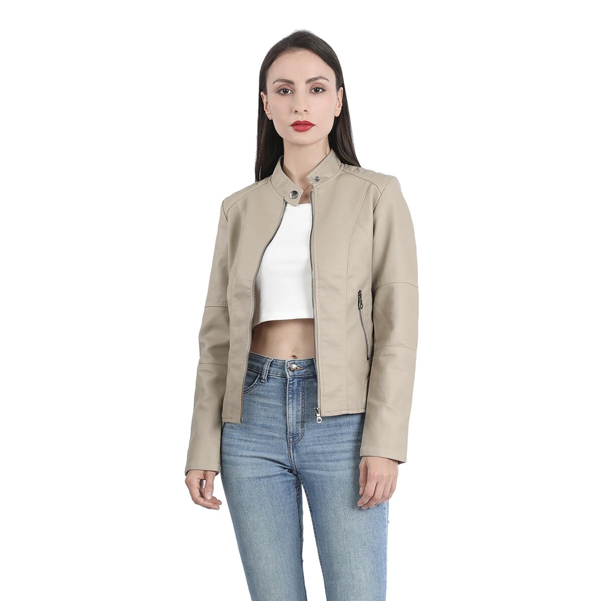 Yynuda Leather Jacket, Women's Short Jacket, Transition Jacket Made of Faux Leather, with Zip, For Autumn