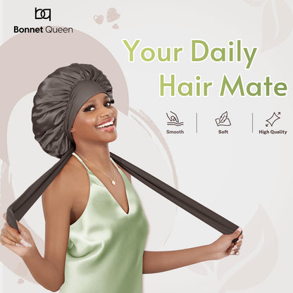 BONNET QUEEN Satin Silk Sleep Cap, Adjustable Women’s/Men’s Bonnet, Night Hair Care Protection Head Cap for Curly, Long Hair, Smooth, Breathable (M, Black)