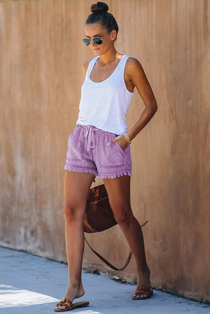 HVEPUO Women's Cotton Linen Shorts, Elastic Band Hot Trousers, Summer Wide Shorts